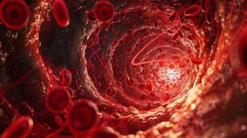 A swirling vortex of red cells each carrying its cargo of oxygen and nutrients navigating through a complex network of capillaries photo