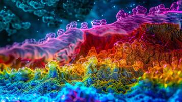 A colorful image of the plasma membrane with different types of lipids and proteins visualized using specific dyes and stains photo