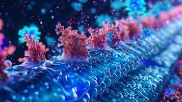 A 3D representation of a lipid bilayer showcasing the fluid nature of the plasma membrane and the movement of its components photo