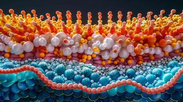 A crosssection view of the plasma membrane exposing the asymmetric distribution of lipids and proteins between the outer and inner leaflets photo