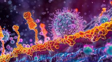 A crosssection of a cell membrane showing specific receptors interacting with incoming molecules for endocytosis photo