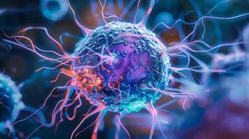 A closeup image of a white cell using its plasma membrane to encapsulate and destroy a harmful parasitic organism photo