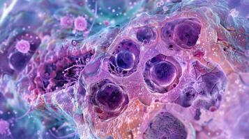 A microscopic view of a thyroid gland cell releasing hormones into the stream to impact various cellular functions photo