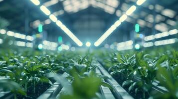 A futuristic greenhouse with rows of autonomous crop scouting devices moving along the ceiling carefully monitoring plant growth photo
