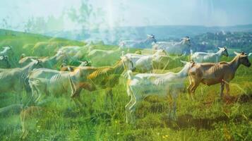 A group of goats grazing on a hilly pasture with the help of realtime data on land topography and soil quality to optimize their grazing patterns photo