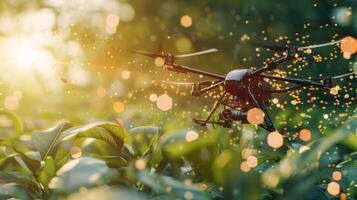 An image of a drone spraying herbicides in a precision pattern eliminating unwanted weeds and maximizing crop yield photo
