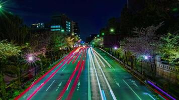 un' notte lasso di tempo di il ciliegia strada a yasukuni viale nel tokyo largo tiro Ingrandisci video