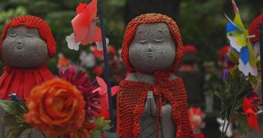 Statue guardian wearing red hat in Tokyo daytime focusing video