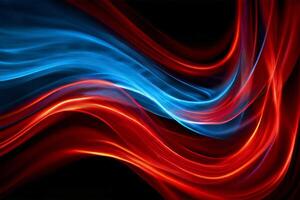 Bright red and blue smooth stripes, waves on a black background. Beautiful abstract background. photo