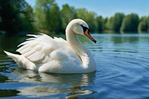 A white swan swims through the blue transparent water of a lake surrounded by green trees. Beautiful bird. photo