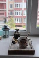 Espresso and flower on marble tray photo