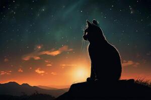 Silhouette of a black cat sitting on the edge of a hill and looking at the night sky with a bright moon and stars. photo