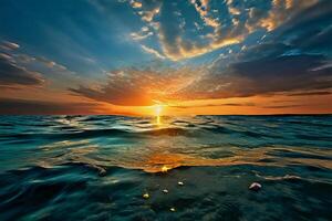 Bright golden sunset, blue sea and blue sky with beautiful clouds. Seascape. photo