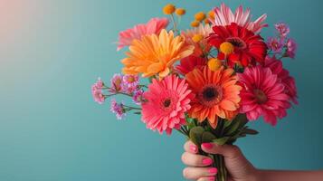 A Colorful Bouquet of Flowers Held by a Hand Against a Blue Background photo