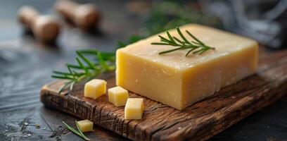 A Block Of Yellow Cheese On A Wooden Cutting Board photo