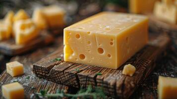 A Block Of Yellow Cheese On A Wooden Cutting Board photo