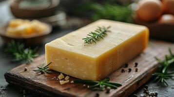 A Block Of Yellow Cheese On A Wooden Cutting Board photo