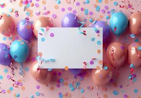 Colorful Balloons and Confetti Surround Blank Card on Pink Background photo