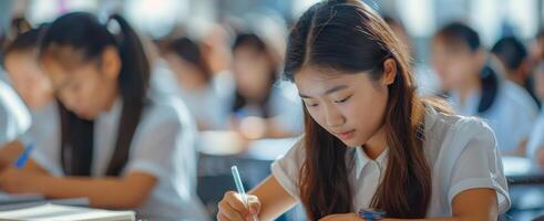 Focused Young Woman Writing In Classroom During Exam photo