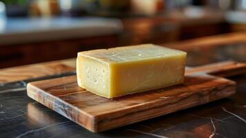 A Block Of Yellow Cheese On A Wooden Cutting Board photo