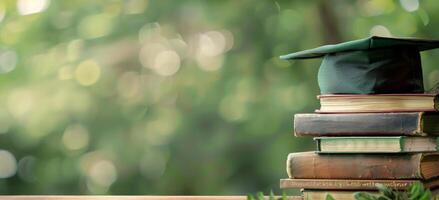 Graduation Cap Resting on Stack of Books in Sunny Outdoor Setting photo