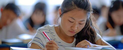 Focused Young Woman Writing In Classroom During Exam photo