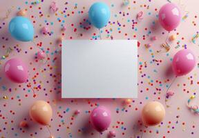 Colorful Balloons and Confetti Surround Blank Card on Pink Background photo