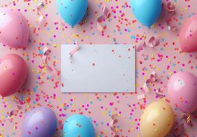 Colorful Balloons and Confetti Surround Blank Card on Pink Background photo