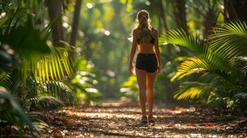 Woman Hiking Through Foggy Mountain Forest Trail photo