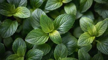 Close Up View of Fresh Green Mint Leaves in the Garden photo