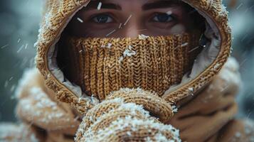 Person Wearing Brown Knit Hood and Gloves In Snow photo