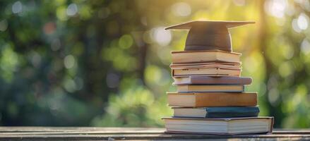 Graduation Cap Resting on Stack of Books in Sunny Outdoor Setting photo