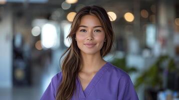 Smiling Woman Wearing Purple Scrubs in Office Setting photo