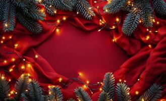 Festive Christmas Pine Branches With Twinkling Lights On Red Fabric photo