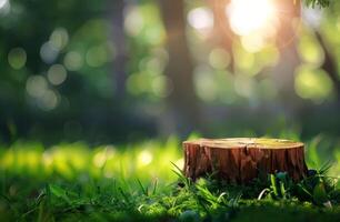 Tree Stump in a Lush Green Forest on a Sunny Day photo