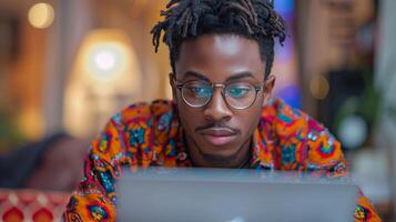 Focused Young Man Working on Laptop in Library photo