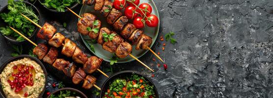 Middle Eastern Feast With Grilled Meat Skewers, Hummus, and Salads photo