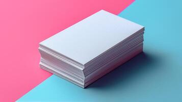 Stack of White Paper on Pink and Blue Background With Sunlight photo