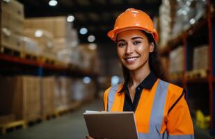 Smiling Female Warehouse Worker Holding Clipboard In Busy Industrial Setting photo