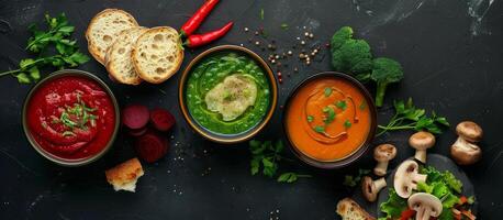 Four Bowls of Delicious Soup With Bread and Garnishes on Black Background photo