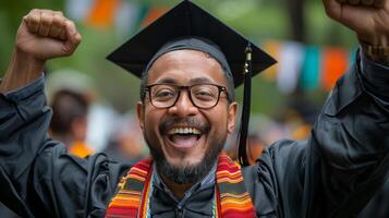 Smiling Graduate Wearing Graduation Gown and Tassel With Arms Raised in Celebration photo