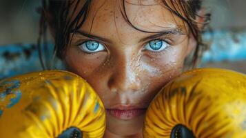 Young Female Boxer With Blue Eyes and Yellow Gloves Prepares for a Fight photo