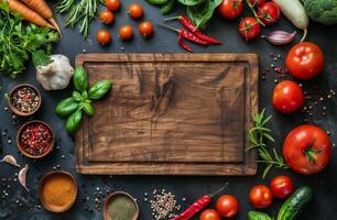 Fresh Vegetables and Spices Around a Wooden Cutting Board on a Black Background photo