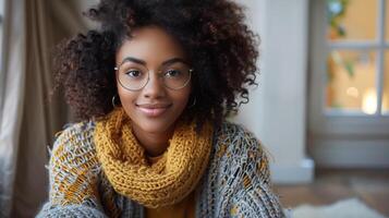 Young Woman With Curly Hair Wearing Glasses and Scarf photo