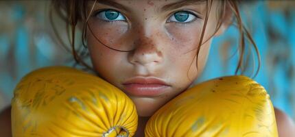 Young Female Boxer With Blue Eyes and Yellow Gloves Prepares for a Fight photo