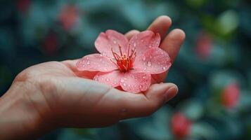 A Single Pink Flower Held in a Hand Covered in Dew Drops photo