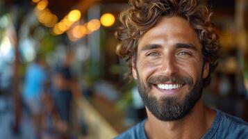 Handsome Man With Curly Hair Smiles In A Cafe Setting photo