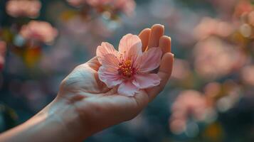 A Single Pink Flower Held in a Hand Covered in Dew Drops photo