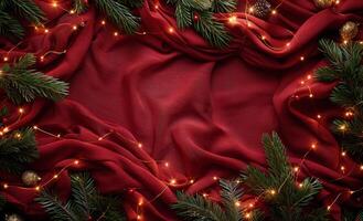 Festive Christmas Pine Branches With Twinkling Lights On Red Fabric photo