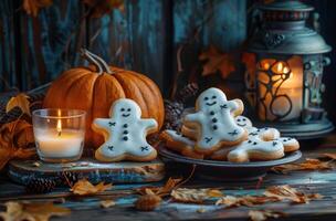 Decorated Ghost Shaped Cookies On Plate With Candles and Pumpkins For Halloween photo
